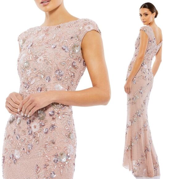 Mac Duggal 5500 Size 14 Floral Embellished Bateau Neck Formal Gown, Nude Silver